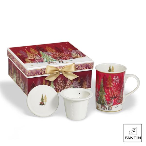 TAZZA CON INFUSORE ANIMALI DEL BOSCO IN PORCELLANA CM. Ø8XH11,5