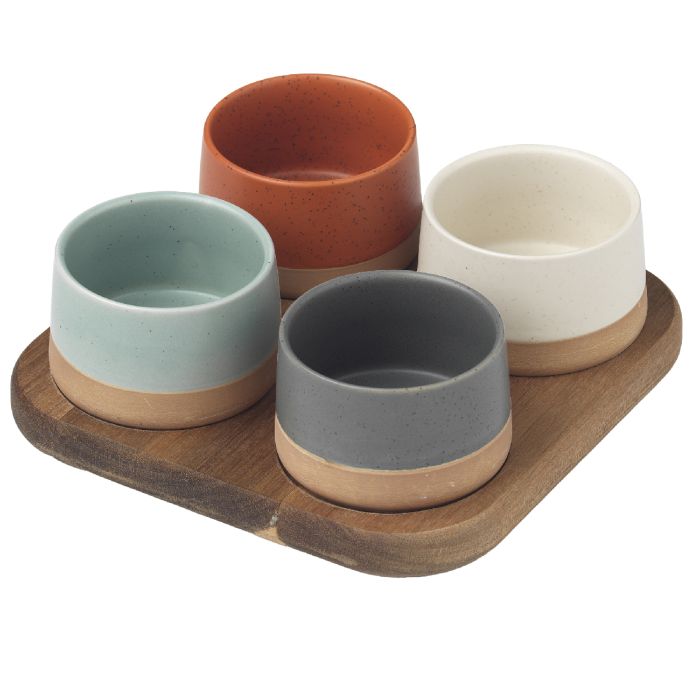 Set 4 ciotoline Ø 9,5 x 5,5 cm c/vassoio in legno 22 x 22 cm