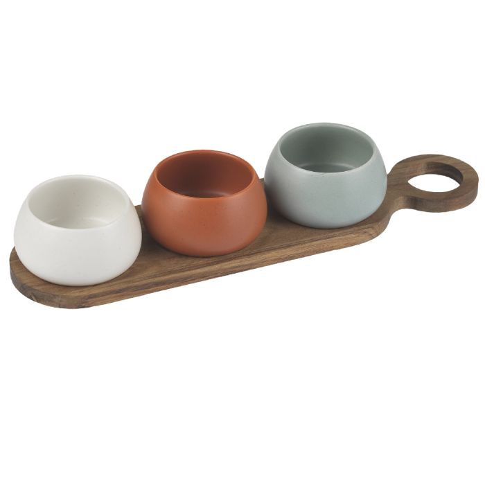 Set 3 ciotole con vassoio in legno 10X38 cm