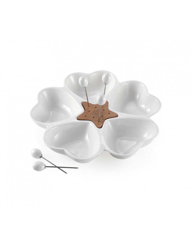ANTIPASTIERA MILLE CUORI IN PORCELLANA BIANCA E BAMBOO CON 5 FORCHETTINE IN ACCIAIO INOX BRANDANI