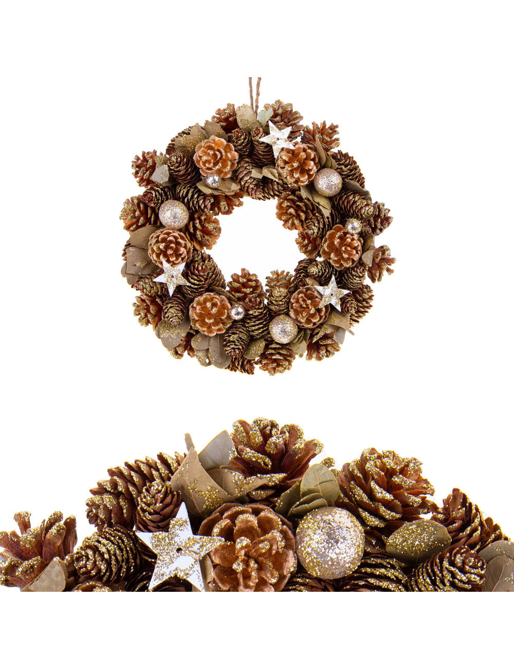 Corona da appendere con stelle e pigne